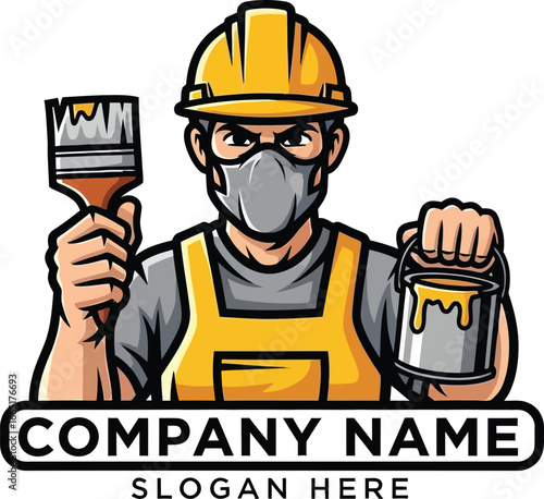 Professional painter worker with brush and paint can logo design vector