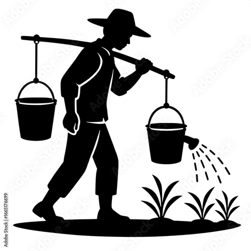 Farmer Watering Plants with Bucket