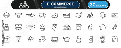 E-commerce and delivery icon collection, editable thin outline set for online shop, order shipping, retail business and logistic design
