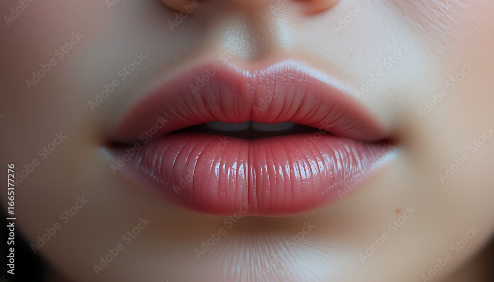 Fototapeta premium Natural Beauty of Moisturized, Glossy Lips with Smooth Skin and Subtle Facial Details—A High-Definition Close-Up Ideal for Cosmetic Inspiration, Dermatology Insights, 8K image 