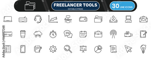 Freelancer tools icon set, editable thin outline collection for remote work, digital service, project management and online career design