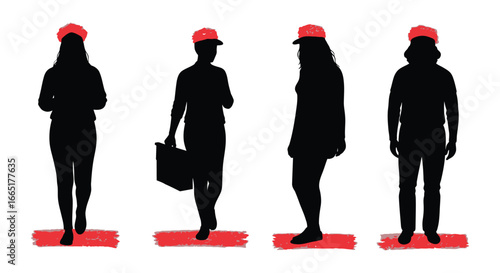 Four people silhouettes wearing red hats standing on red platforms in various poses