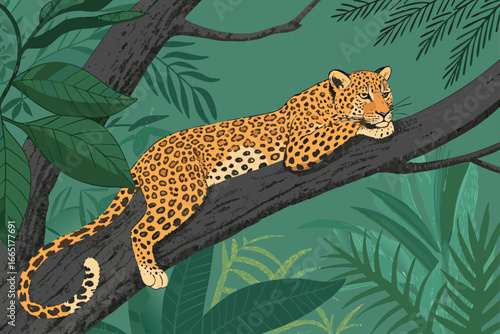 A leopard relaxes on a tree branch in a lush rainforest.