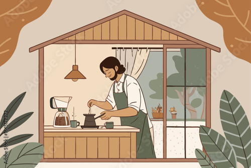 Man brews coffee with vintage drip set.