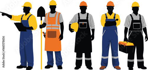 Diverse construction workers in safety gear posing with tools vector