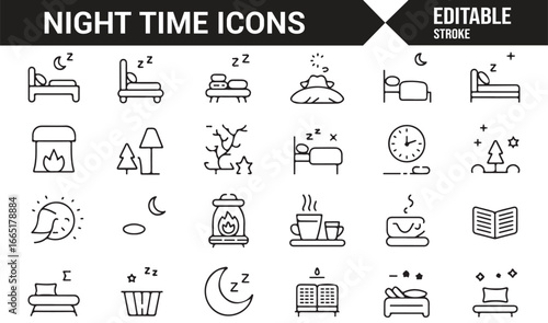 Sleep and relaxation vector icons for nighttime routines