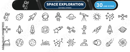 Space exploration and astronomy icon collection, editable thin outline set for galaxy, rocket, planet, telescope and science design