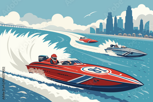 Modern speedboat racing in a championship flat water event.