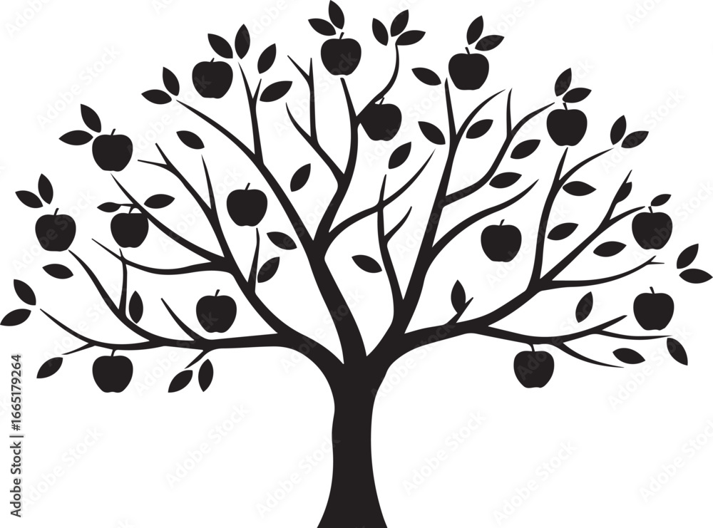 Fototapeta premium Black Silhouette of an Apple Tree with Many Apples and Leaves on a White Background fruit nature
