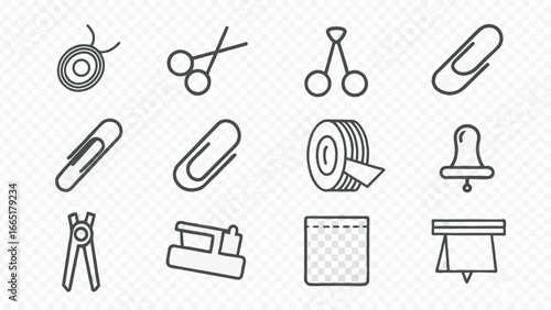 Office and stationery supplies set: scissors, paperclips, tape, pushpin, and more, for work