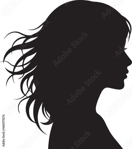 Black silhouette profile of a woman with flowing windswept hair head face