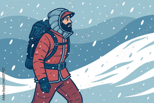 Mountaineer braves a fierce blizzard, battling snow and wind.