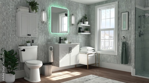 Wallpaper Mural Modern bathroom with gray textured walls and a lighted mirror. Torontodigital.ca