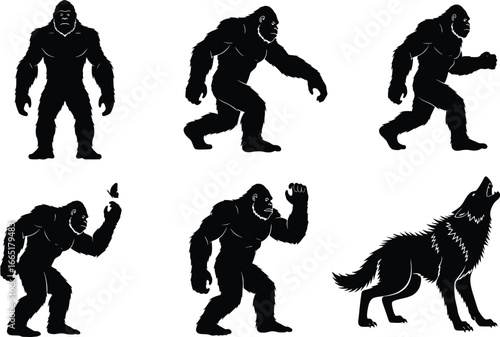 Collection of cryptid silhouettes featuring bigfoot and howling wolf poses