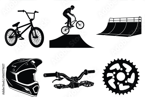 Bmx bike freestyle silhouette collection featuring rider ramp helmet handlebars and sprocket