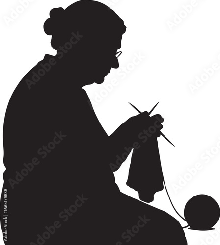 Silhouette of an elderly woman knitting with yarn ball needles