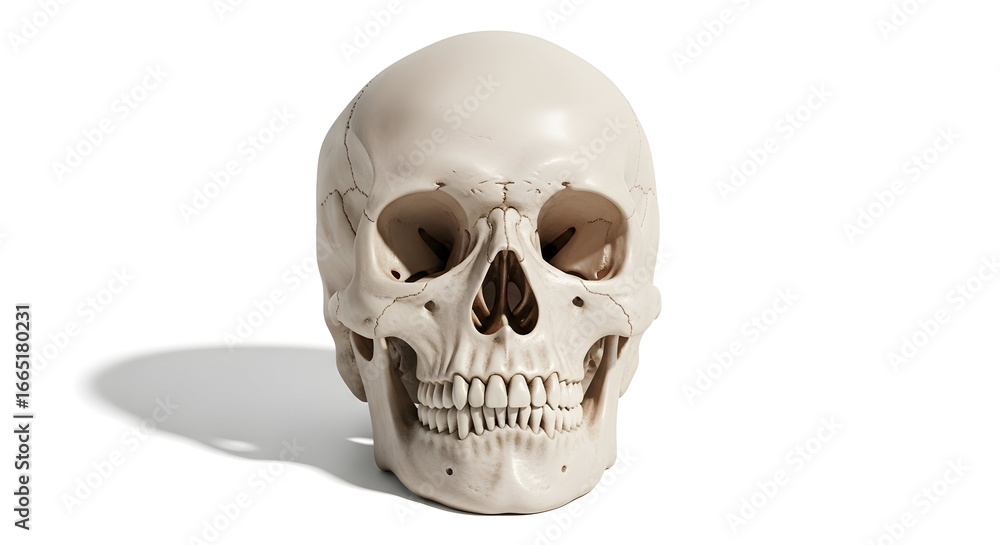 Fototapeta premium Realistic human skull 3D model isolated on white — anatomical bone study and medical illustration