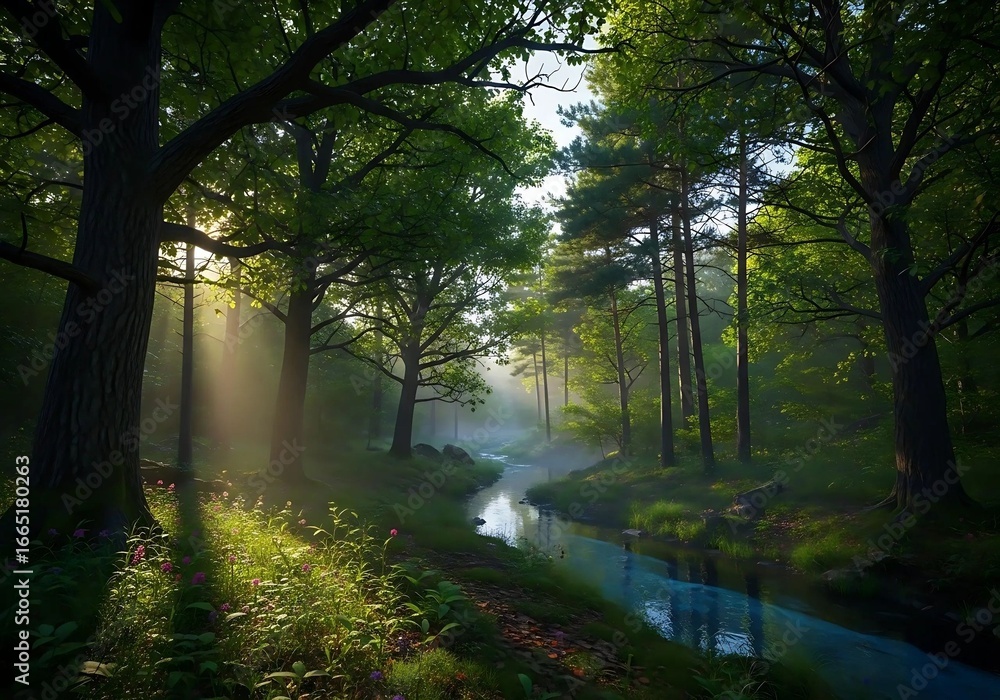 Fototapeta premium Sunlight streaming through a forest with a small river