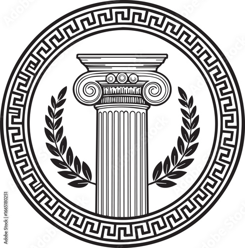 Greek Ionic Column Emblem with Laurel Wreath and Meander Border capital architecture