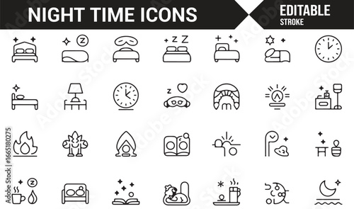 Collection of night routine icons featuring beds, lamps, and clocks