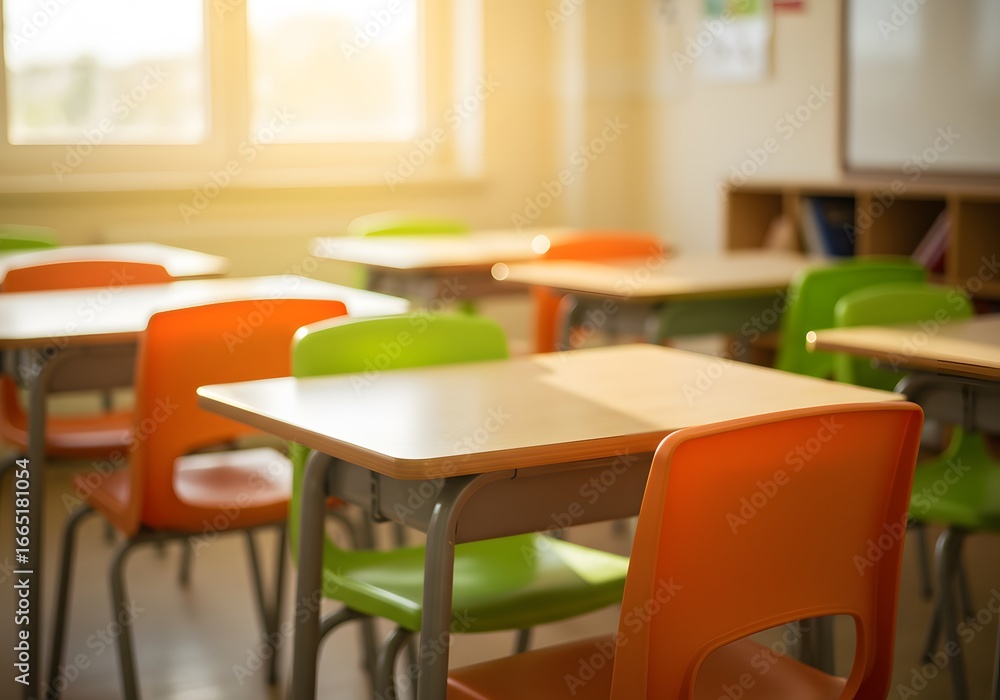 Fototapeta premium Brightly Lit Classroom with Colorful Chairs: A Welcoming Learning Environment for Students