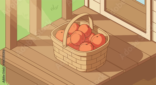 Fresh peaches in basket sit on porch deck with green lawn background for illustrations