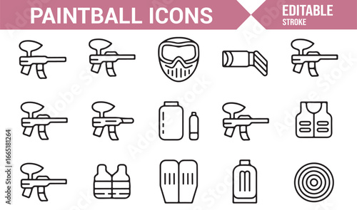 Paintball sport icons set with guns, masks, and vests