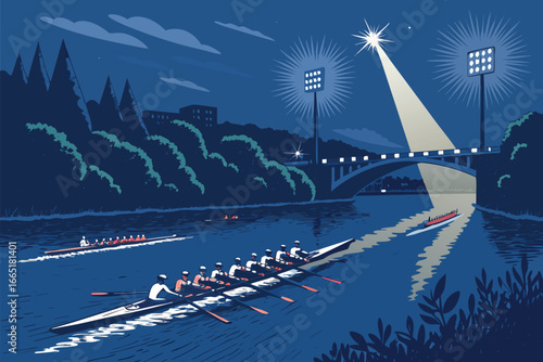 Night boat race, floodlit speed, bold graphic.
