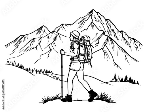 Woman Hiking Mountain Landscape.