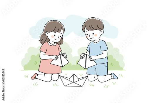 Kids folding paper boats on grass, bushes, cloudy sky, for illustrations