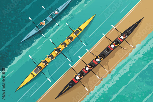 Overhead view of canoe race with boats aligned.