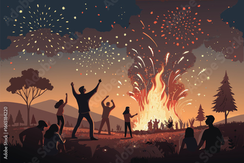 People joyfully celebrate a bonfire festival in a rural setting.