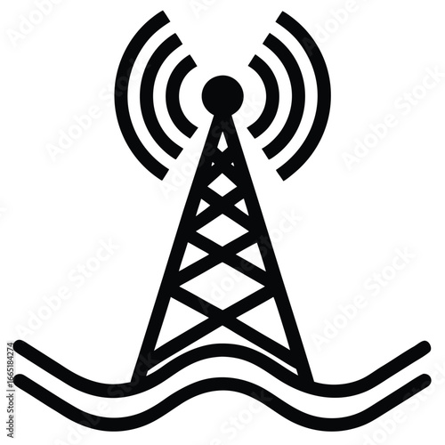 Black and white illustration of a radio tower transmitting signals over water