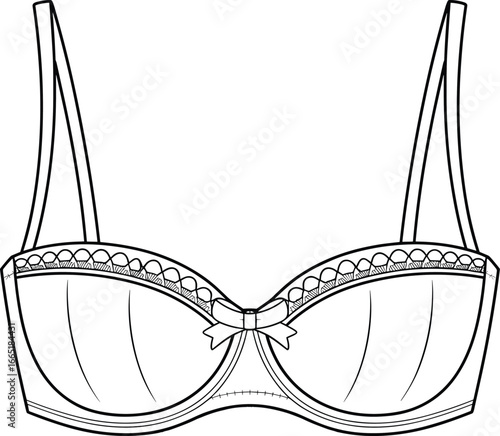 Vector technical flat sketch of women’s lace underwire bra with decorative bow, perfect for lingerie design, sewing patterns, and fashion.