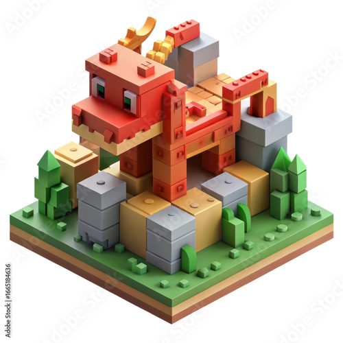 Whimsical 3d render of a cute blocky dragon amidst a colorful terrain landscape
