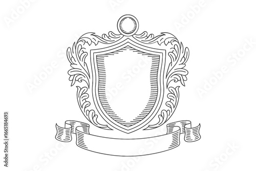 Elegant heraldic shield with floral ornaments and ribbon banner illustration