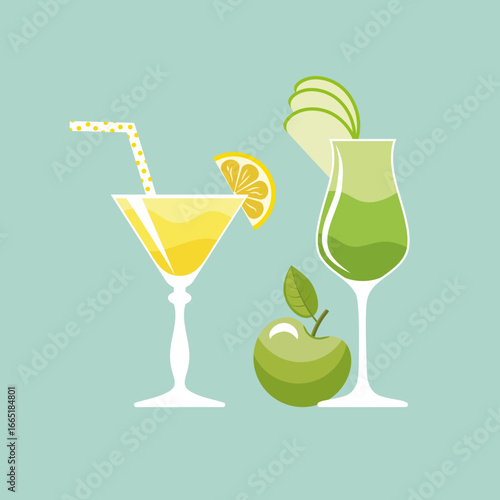 Beautiful alcoholic cocktails decorated with fruits.