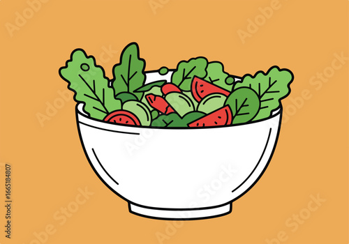 Fresh salad in white bowl against plain tan background, used for healthy diet ads