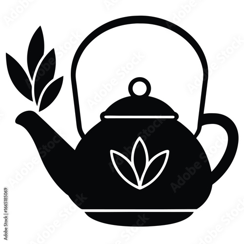 Black silhouette of a teapot with tea leaves and floral design