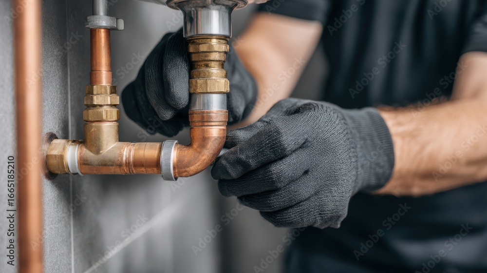 Fototapeta premium A skilled plumber works on repairing copper pipes in a residential bathroom. The worker is using tools to ensure a tight fit on the connections while wearing gloves for protection