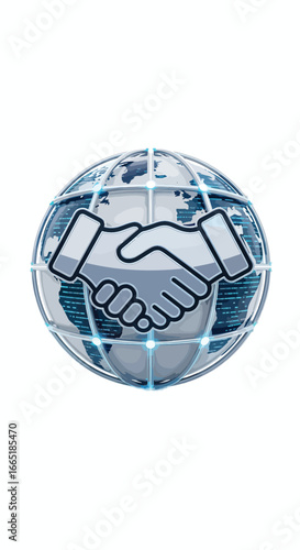 Globe with handshake symbol representing international cooperation partnership business deal global unity and corporate trust