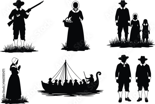 Early american settlers silhouette collection featuring families farmers and sailing ship