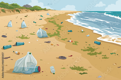 Polluted beach choked with plastic bags and bottles.