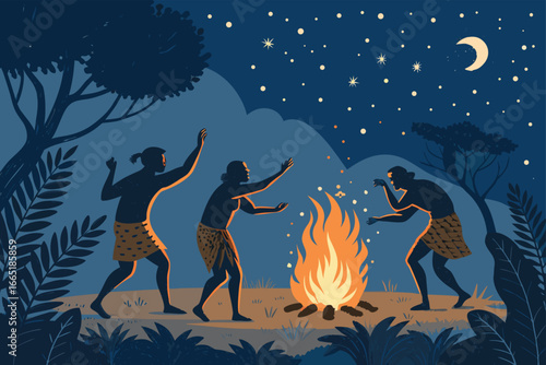 Prehistoric people dance around a bonfire under a starry night sky.