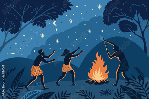 Prehistoric humans dancing around a fire under a night sky.