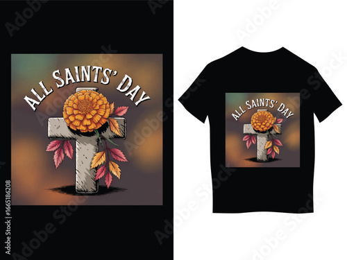 All Saints' Day Tshirt Design Cross Flower and Autumn Leaves