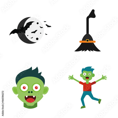 Spooky halloween icons featuring a full moon with bats a witchs broom and two cartoon zombies