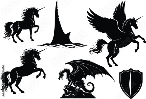 Mythical creatures silhouette collection unicorns dragon pegasus shield magical fantasy beasts design elements