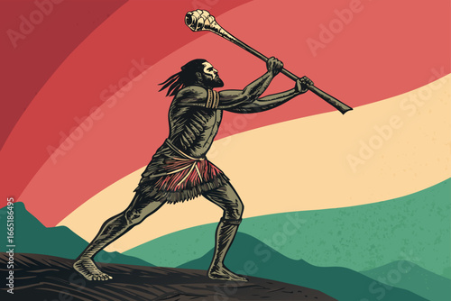 Prehistoric shaman with bone staff performing ritual.