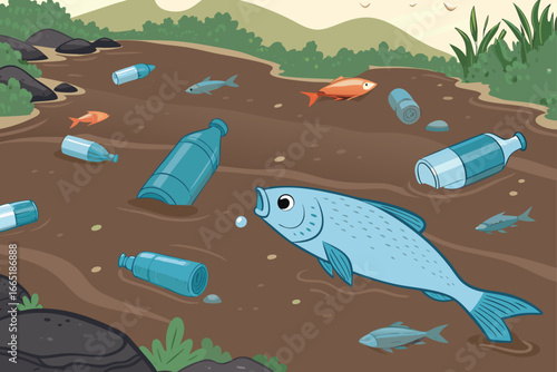 Polluted river chokes on plastic bottles, dead.